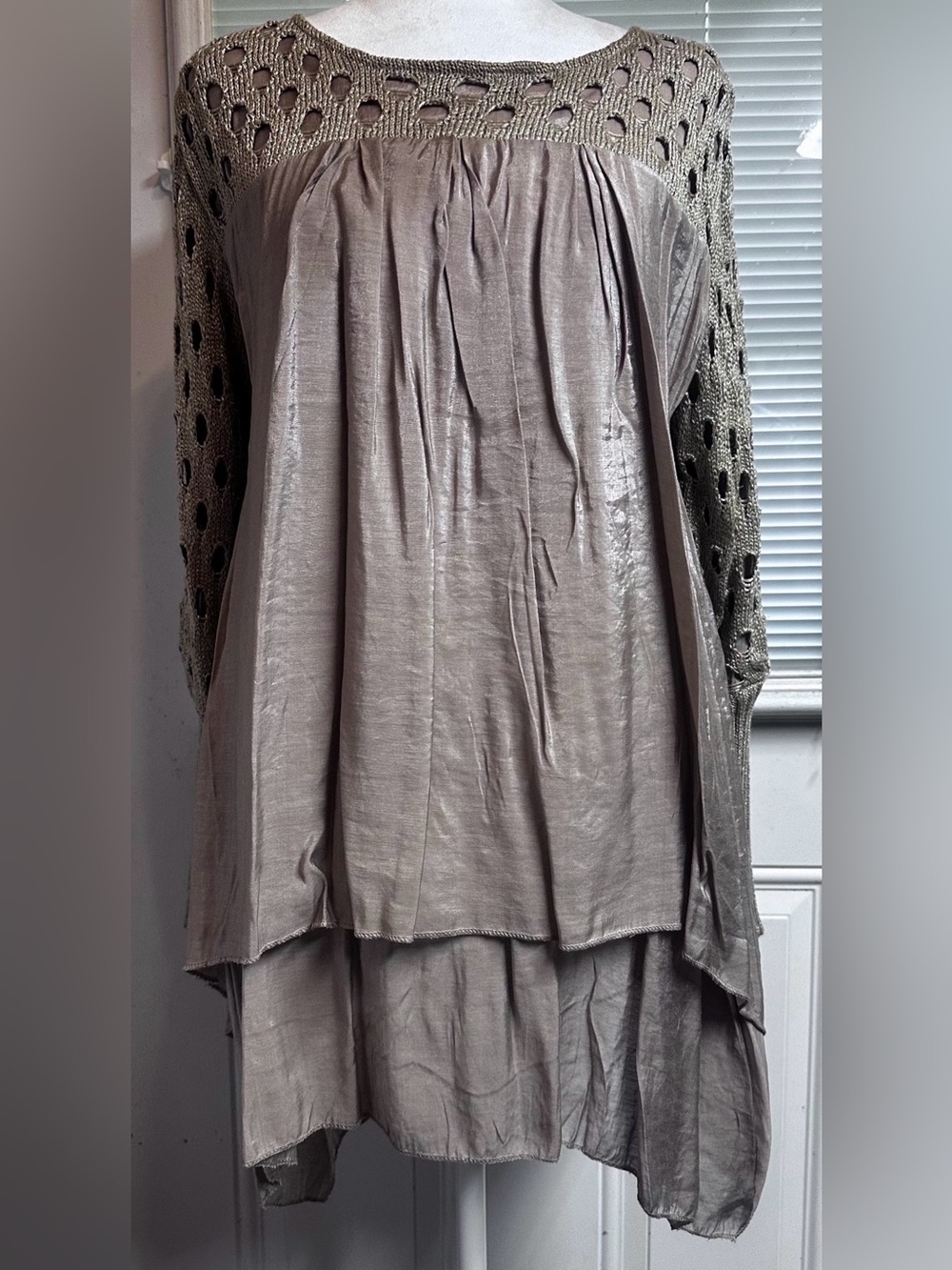 # Simply Couture Taupe Knit-Trim Layered Tunic- Size XL